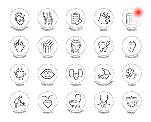 Medical diagnostic set icons. Vector elements. Perfect for health and wellness and pharmacy graphics, this versatile icon set is ideal for health projects. EPS10.
