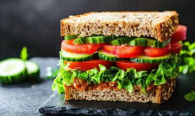 Healthy vegetable sandwich with layers of fresh tomatoes, lettuce, and cucumbers, served on multigrain bread, vibrant colors, natural lighting, ideal for healthy eating visuals