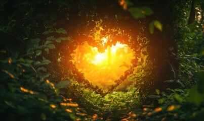 Heart-shaped opening in a dense forest with warm sunlight pouring through, surrounded by rich green foliage for a magical and romantic setting