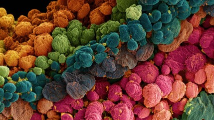 Electron microscopy medium shot capturing subtle grain growth patterns with color variations to illustrate microstructure evolution under thermal treatment
