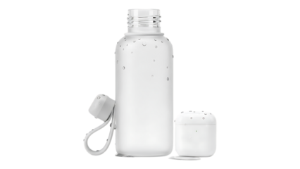 A frosted glass water bottle with cap and a small wireless device