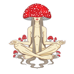 Girl in meditation with a fly agaric on her head. Vector illustration.