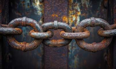 Heavy industrial chains wrapped tightly around a metal gate, strong contrast between rusted metal and moody dark lighting