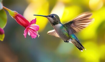 Naklejka premium High-speed close-up of a hummingbird hovering near a bright pink flower, delicate wings beating rapidly, sunlight illuminating iridescent feathers