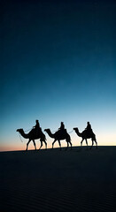 Wise Men on their camels on the way to meet Jesus. Vertical shot. Copy space