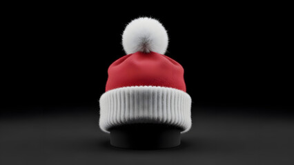 A red and white winter hat with a fluffy pom pom on top isolated