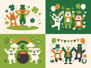 Obraz premium Cheerful cartoon animals and a leprechaun celebrate St Patricks Day surrounded by lucky symbols
