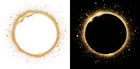 Gold Glitter Circle Gold glitter. Golden sparkle confetti. Shiny glittering dust. Gold Foil splatter glitter Golden  stroke on transparent background. Festive background with gold glitter 