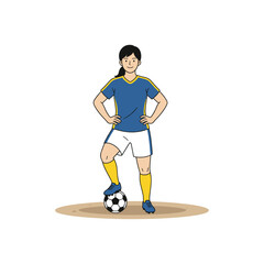 Female soccer player illustration standing confidently with foot on ball women football athlete flat vector isolated on white background