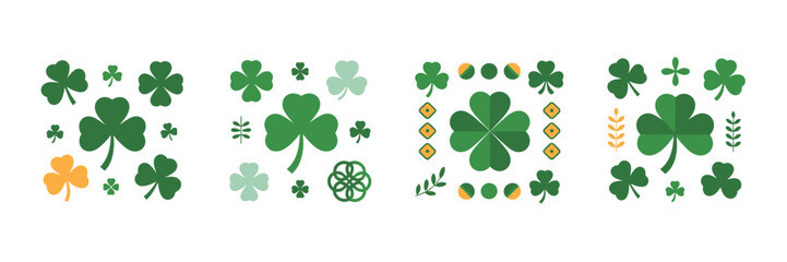 Collection of various shamrock and clover designs arranged with green and orange decorative elements