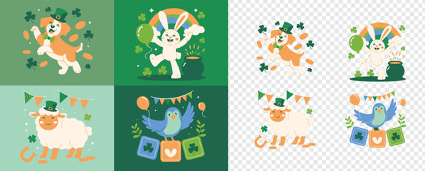 Cute cartoon animals celebrate St Patricks Day with shamrocks rainbows and festive elements