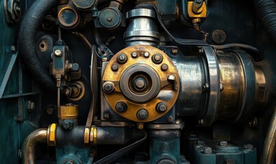 Industrial engine components arranged in a mechanical composition, rich metallic textures and dramatic moody lighting
