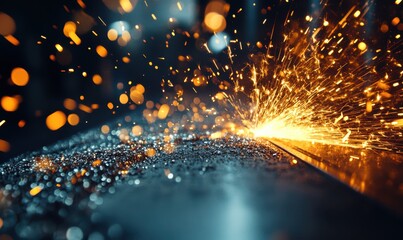Industrial metal grinding process with glowing sparks flying, high-speed close-up shot, rich contrast, dark moody background, powerful dynamic energy