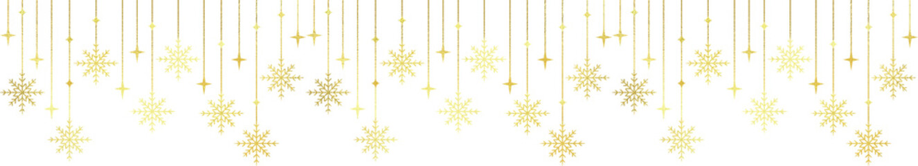Happy New Year Decoration Hanging Glittering gold stars hanging border frame decoration isolated on...
