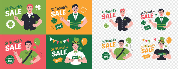 Diverse men happily promote St Patricks Day limited time sales with clovers and festive party items