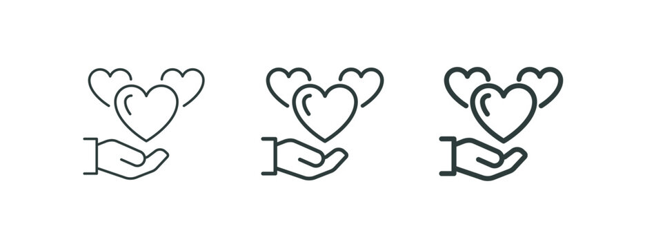 Giving charity message love and care, caring hands donation outline icon. Minimalist line sign heart in hand, hand holding three symbols hearts. Vector isolated pictogram for web and app.