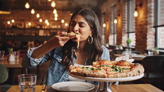 Friends Enjoying Giant Pizza Slice Meal Inside Casual Restaurant, Lively Food Experience Capturing Comfort Dining and Social Appetite