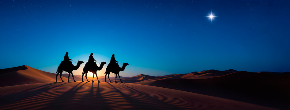 Three wise men riding camels following a star. Wide shot. Copy space. Ideal for cardas and design backgrounds