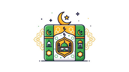 Colorful Islamic Art and Mosque Illustration with Crescent Moon and Stars