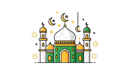 Stylized Islamic mosque illustration with crescent moons and stars for