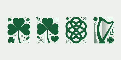 Four distinct green Irish cultural symbols including shamrocks, a Celtic knot, and a traditional harp