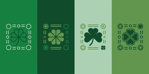 Four distinct green panels featuring framed shamrock symbols with geometric borders and lines