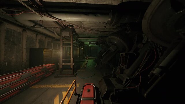 narrow submerged engine corridor with green emergency glow, oil streaks on bulkhead, corroded pumps and valves, claustrophobic depth, sonar hum imagined,