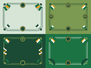 Four elegant frames with Irish flag ribbons and shamrock motifs celebrate St Patricks Day