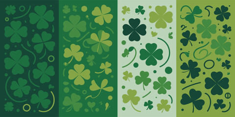 Four distinct vertical patterns filled with various shades of green shamrocks and lucky clovers