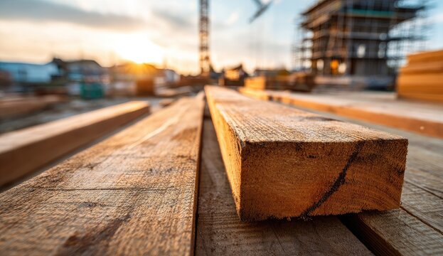 Close-up of wooden planks, with construction site, building, and crane in background during golden hour - Powered by Adobe