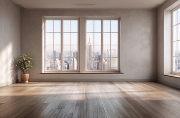 Obraz premium Empty room with tall windows overlooking a city skyline, featuring hardwood floors and a plant