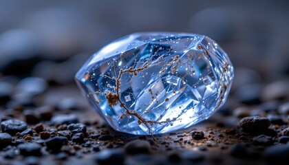 Fototapeta premium Macro shot of a single crystal like quartz stone, illuminated by a cold, blue light.