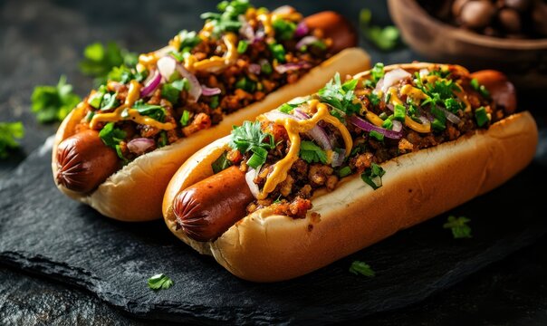 Juicy grilled hot dogs with caramelized onions and fresh toppings, deep warm tones, high-detail food photography, soft natural lighting, delicious and indulgent street food composition