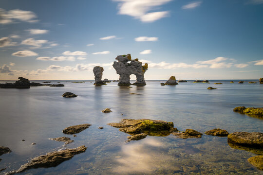 view of the landmark Le Chien rock formation in the Gamla Hamn Nature Reserve on Gotland in the Baltic Sea