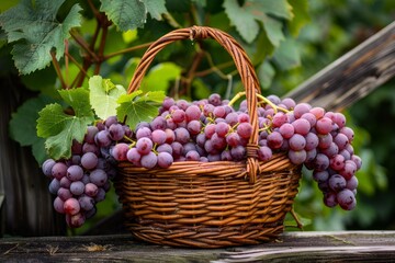 Fototapeta premium Wicker basket full of ripe red grapes with vine leaves, freshly harvested in a vineyard, representing winemaking and autumn harvest