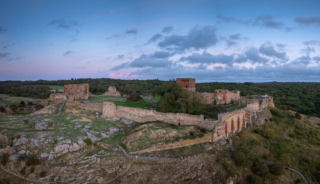 landscape view of Hammershus fortress and the rugged shoreline of the north coast of Bornholm Island