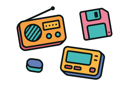 Retro 90s technology icons with radio floppy disk and pager illustration
