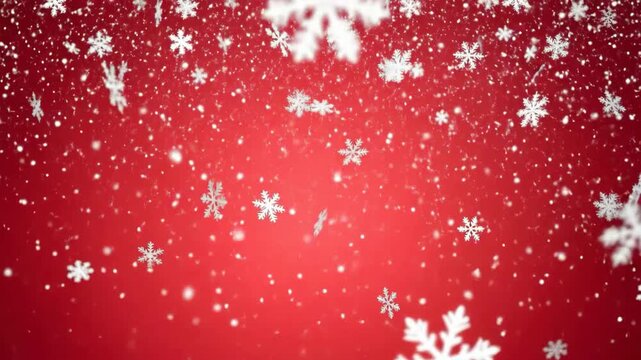 Festive Red Background With Falling White Snowflakes And Glitter Effect For Holiday Season Celebrations And Winter Atmosphere