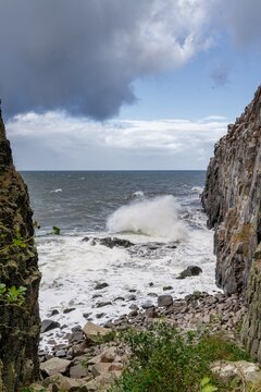 view of the Jons Kapel rock bluff on the west coast of the Danish island of Bornholm