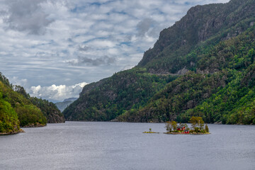 view of the Lovrafjorden Island and fjord near Sand in western Norway