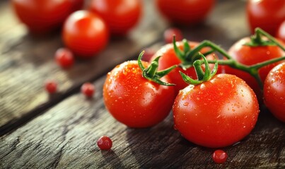 Juicy ripe cherry tomatoes on a rustic wooden surface, deep red tones, high-detail macro shot, rich vibrant colors, fresh and organic food aesthetic