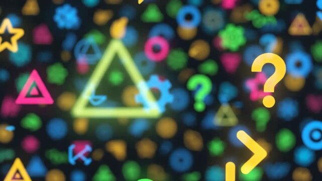 Abstract Digital Patterns Featuring Neon Geometric Shapes And Symbols On A Dark Background With Soft Focus And Bokeh Effects