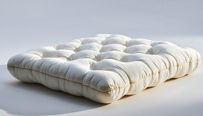 Obraz premium Soft White Mattress with Golden Stitching Detail on a Clean White Background with Natural Light Casting Shadows Creating a Comfortable and Inviting Atmosphere