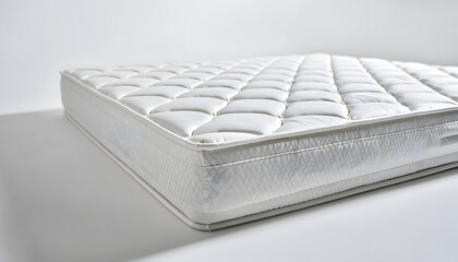 Obraz premium White Quilted Mattress Close Up With Diamond Pattern Stitching And Side Ventilation Grills On A Clean White Background Studio Shot