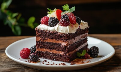 Layered chocolate cake topped with fresh berries and whipped cream, served on a white plate with warm lighting creating a rich and indulgent dessert vibe
