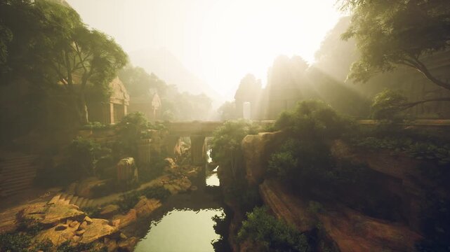 Sunlit stone bridge over river valley, golden rays pierce morning mist, ancient mosscovered masonry blends with lush trees, distant rocky cliffs rise