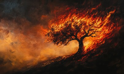 Lone tree engulfed in flames, rich fiery reds and oranges contrasting against a dark smoky background, dramatic and powerful, symbolizing resilience and destruction