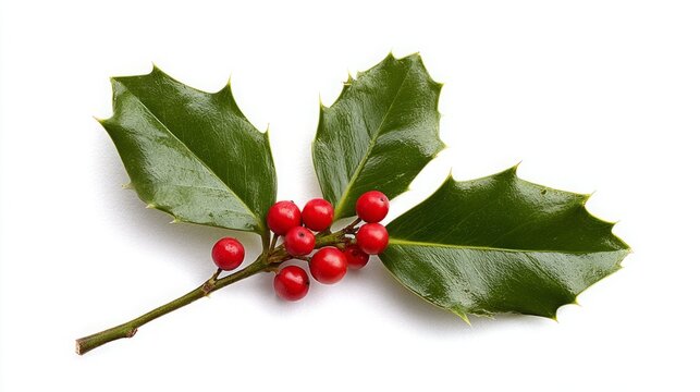 Close-up of green holly leaves and red berries on a white background. - Powered by Adobe