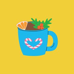 A cup of Christmas hot chocolate. Winter mug of hot Christmas drink in flat style. Vector illustration.