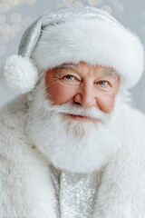 Obraz premium An elderly Caucasian man with a white beard and blue eyes wears a silver Santa Claus hat and a fluffy white coat. The background is frosty and festive, evoking Christmas spirit.